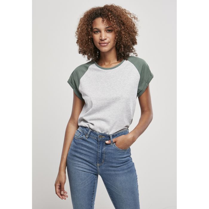 T-shirt Femme - Urban Classics - Raglan Contrasté - Gris Clair/vert - Manches Courtes - Coupe Loose