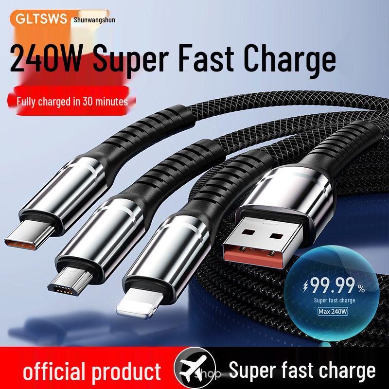 Shun Wang Shun 240W 3-in-1 Braided Data Cable, Super Fast 6A Charger for Apple & Huawei Devices