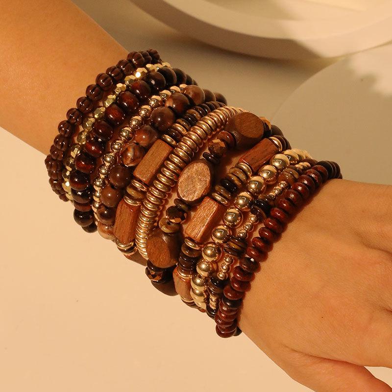 Ensemble de 12 Bracelets Empilables Rétro Marron et Doré à Motifs Bois Multi-Anneaux - Accessoires de Mode Mori-kei