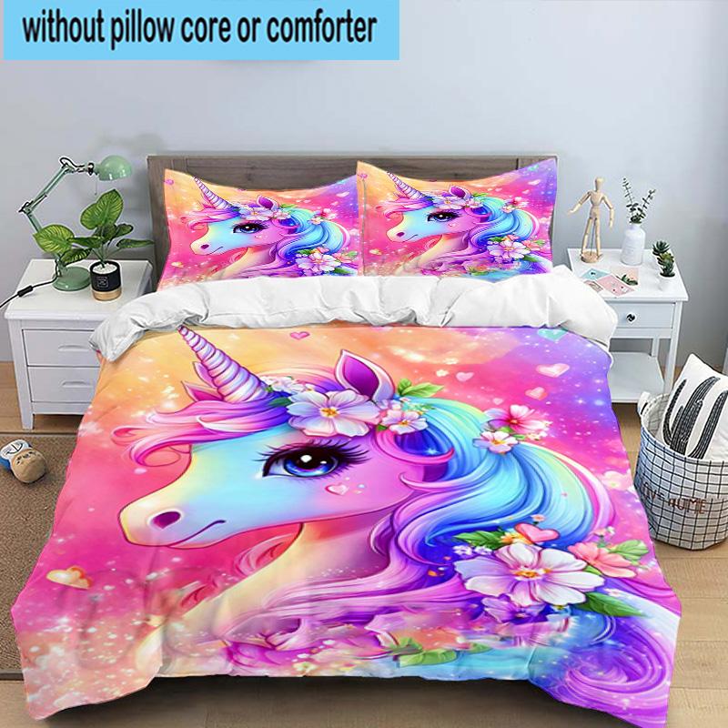 Magical Unicorn Fantasy 3pcs Bedding,Including 1pc Duvet Cover And 2pcs Pillowcases Perfect for Christmas,Ideal for Bedroom, Dormitory