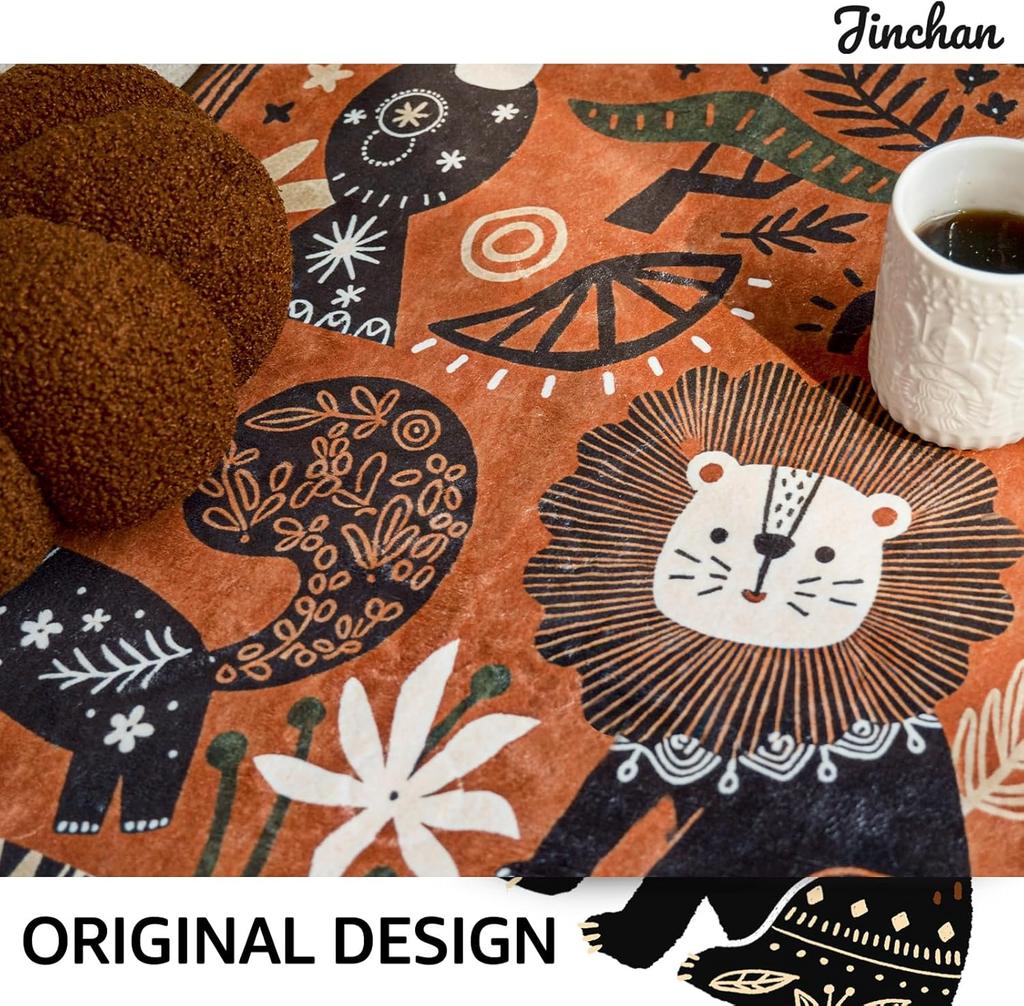 Tribal Safari Round Rug Orange Base Elephants Lions and Ethnic Patterns