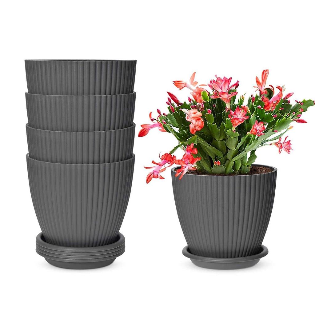 Plastic Round Flower Pots with Tray for Home Planters, Terrace, Garden Etc | Pack of 05 | Dark Grey | Size 6.5 Inch | for Home Indoor & Outdoor
