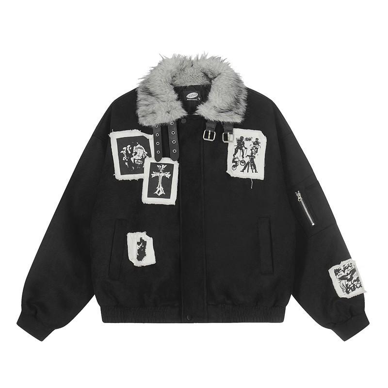 Giacca Imbottita Unisex Retro Punk in Cotone con Patch Frange in Pelle Scamosciata e Collo in Ecopelliccia Invernale Streetwear