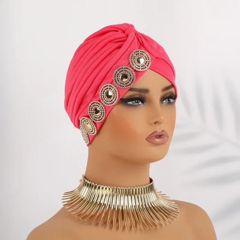 Indian Women Chemo Cap Muslim Diamonds Hijab Pleated Turban Wrap Headscarf Beanies Hair Loss Bonnet Hat Femme Turbante Mujer New