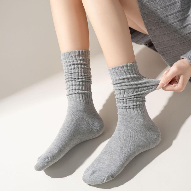 3 Pairs Womens Calf Socks Middle Length Scrunch Stacked Sock Cotton Boot Socks for Girls Trendy Solid Color JK Student Socks
