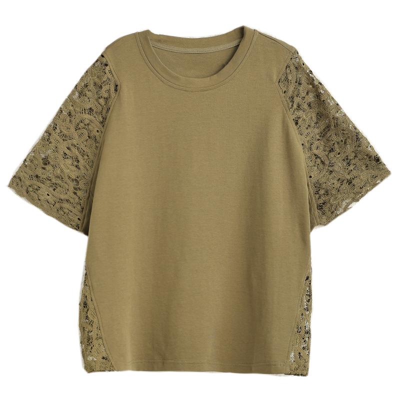 DIMANAF 2025 Letní Nadměrné Velikosti Topy Bavlna O-Výstřih Krajkové Tričko Ženy Jednobarevné Krátký Rukáv Volná Trička
