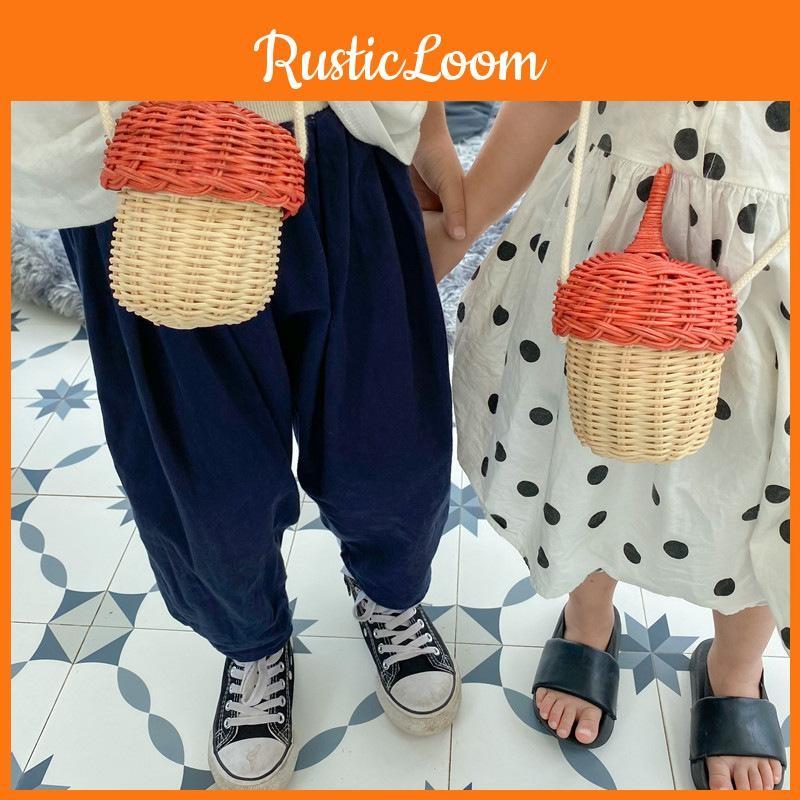 Mini Woven Children Crossbody Bag With Pinecone Design Casual Kids Accessories