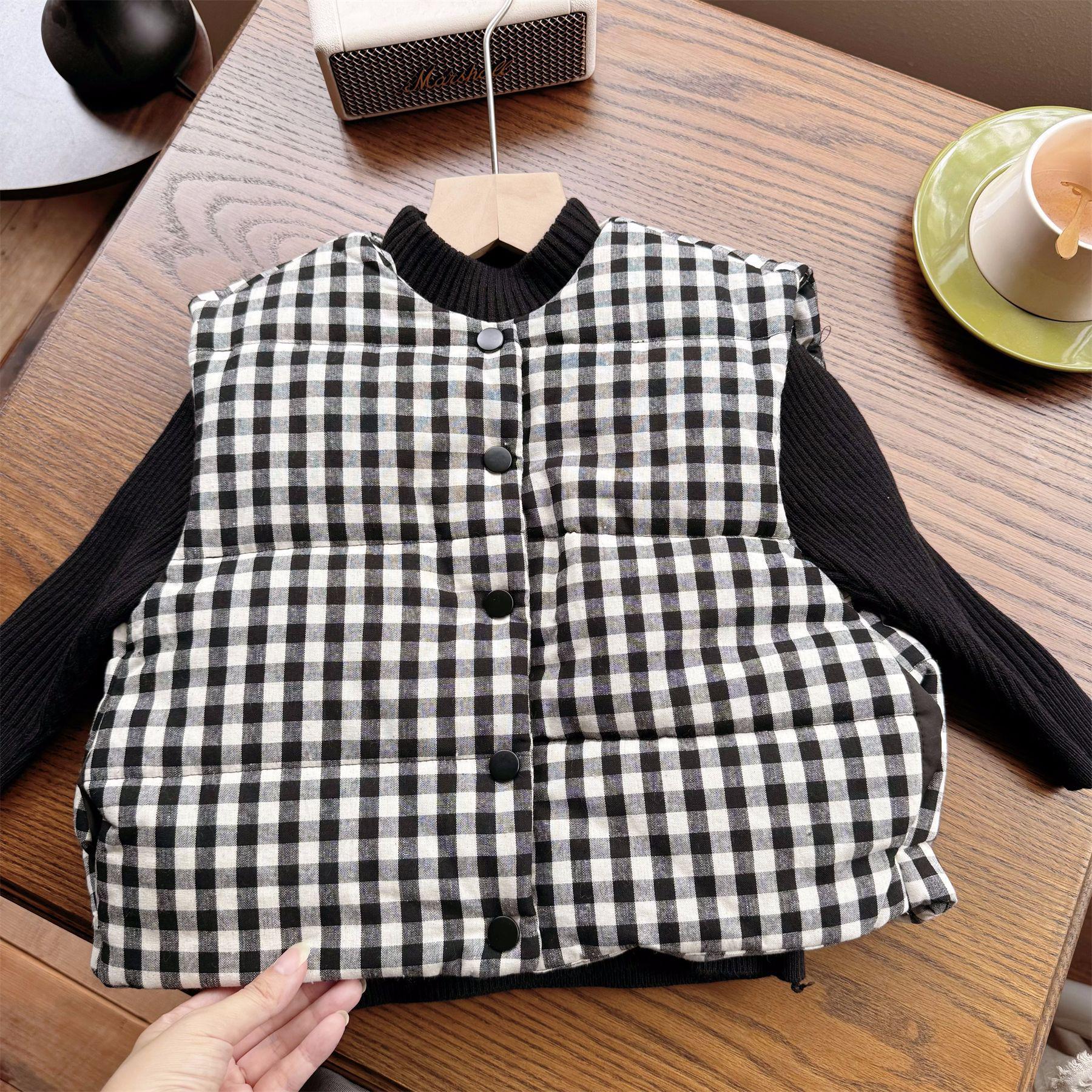 

Девочкинский клетчатый зимний жилет в корейском стиле - Хлопковый наполнитель, Утепленный, Без рукавов, Универсальный и Теплый 100 cm чёрный