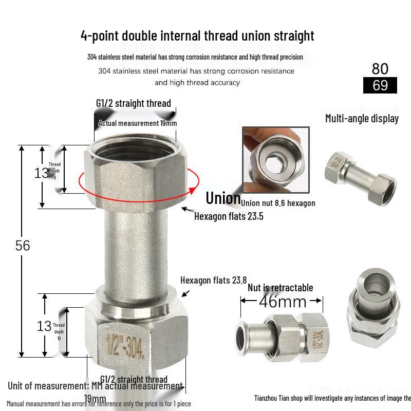 304 Stainless Steel Swivel Union Female Thread Pipe Fitting, Double Female Thread, 6 Points, 4 Points, 1 Inch, for Water Meter/Pump