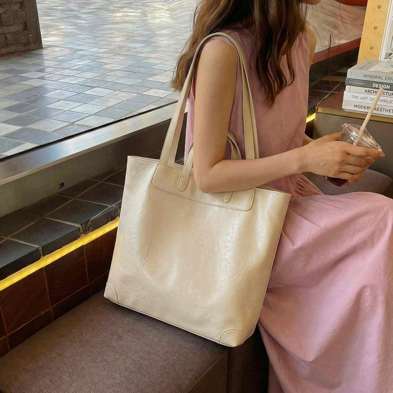 Solid Color Leather Tote Bag with Dual Handles Large Capacity Shoulder Bag for Work and Daily Use
