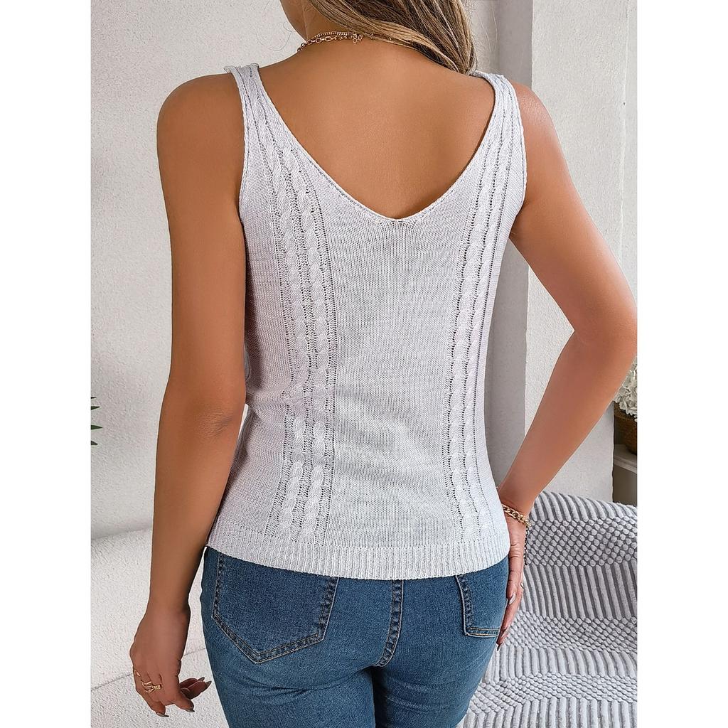 HNXC Spring and Summer Casual Solid Color V-neck Cut-out Top Vacation Knitted Sweater Women's Wear