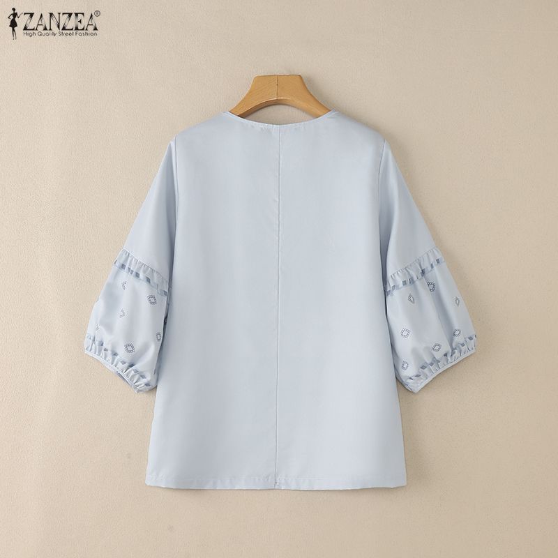 ZANZEA Womens Casual V-Neck 3/4 Sleeve Loose Print Blouse
