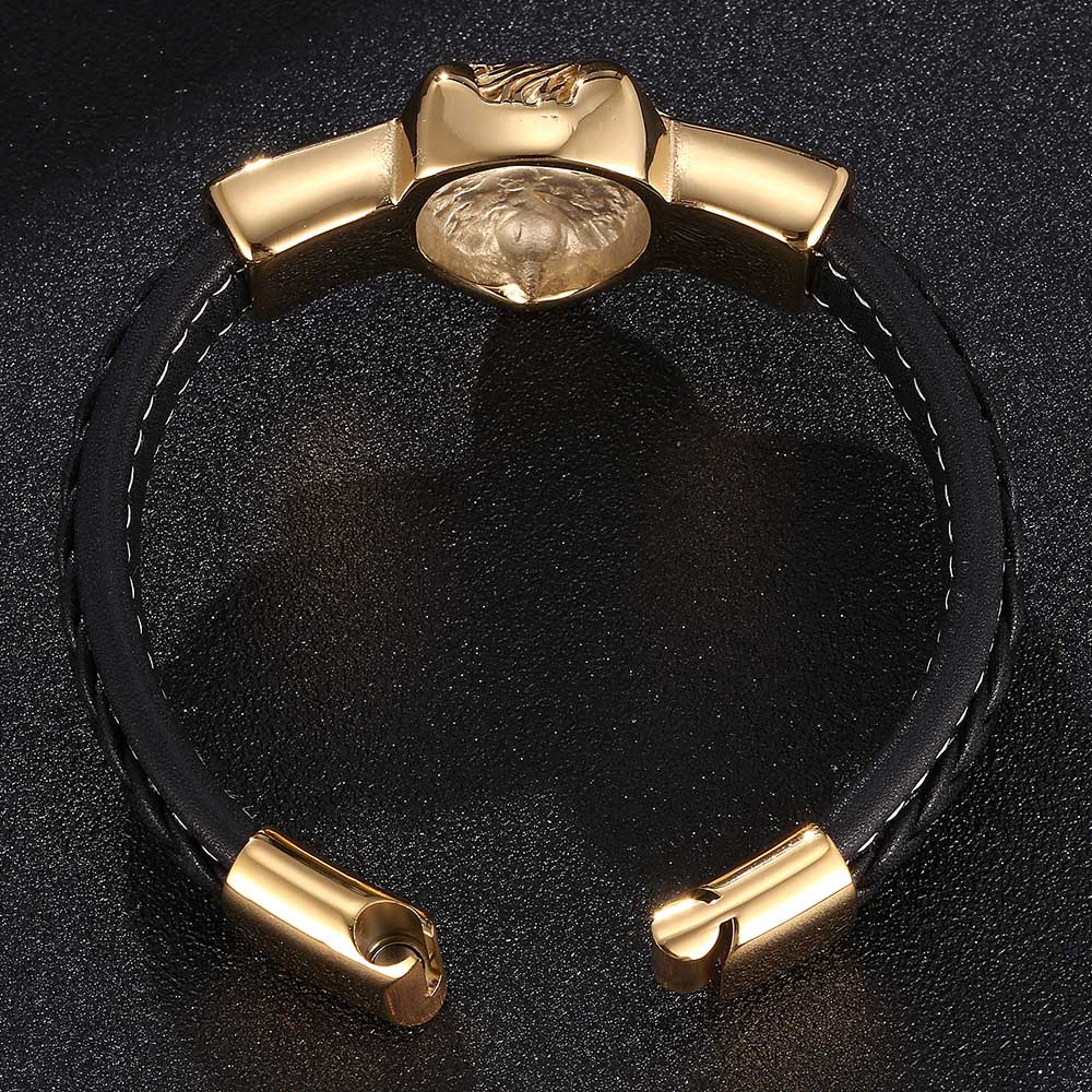 New Mens Bracelets Leo Lion Stainless Steel Clasp Black Leather Bracelet Cuff Wristband Fashion Jewelry