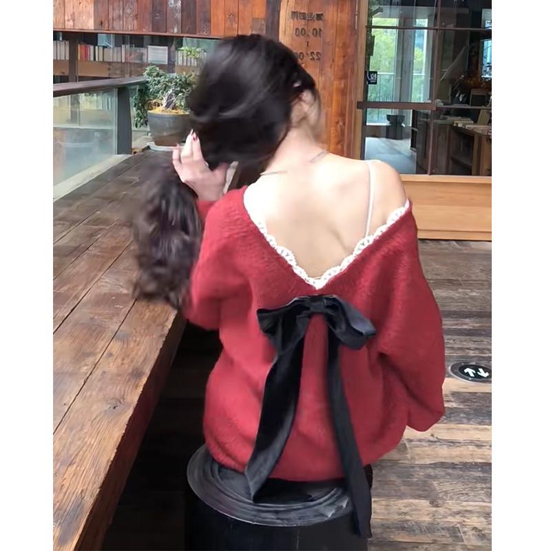 

Женский трикотажный свитер с открытыми плечами и красным бантом - Осень/Зима Свободный крой One Size красный