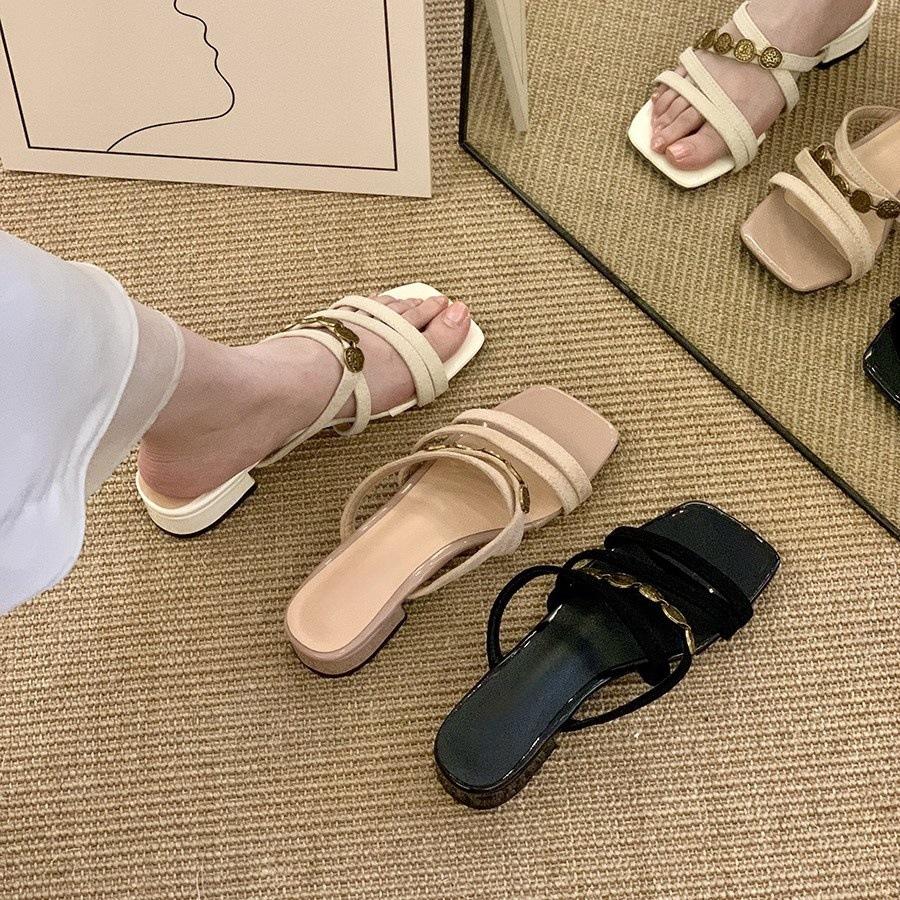 French Pink Square-headed Open-toed Thick-heeled One-word Slippers for Women Wearing Summer Fairy Vacation Style Premium Cool Slippers