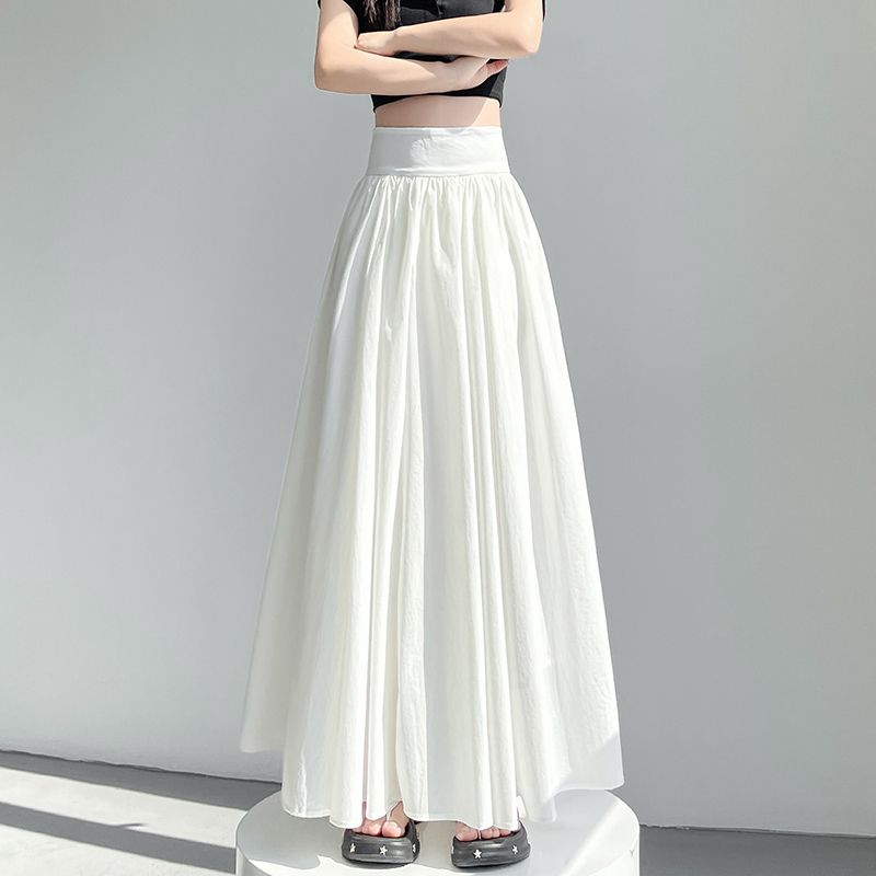 Kumikumi Minimalist Easiest for Match High Waist Pleated Skirt Women's Clothing Autumn Slimming Drape Younger Wide Hem Long Skirt