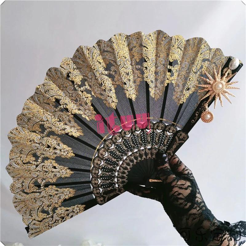 Handmade Lolita Vintage Gothic Black White Lace Hand Fan Golden Sun Flower Cross Folding Hand Fan for Photo Props Show Dancing
