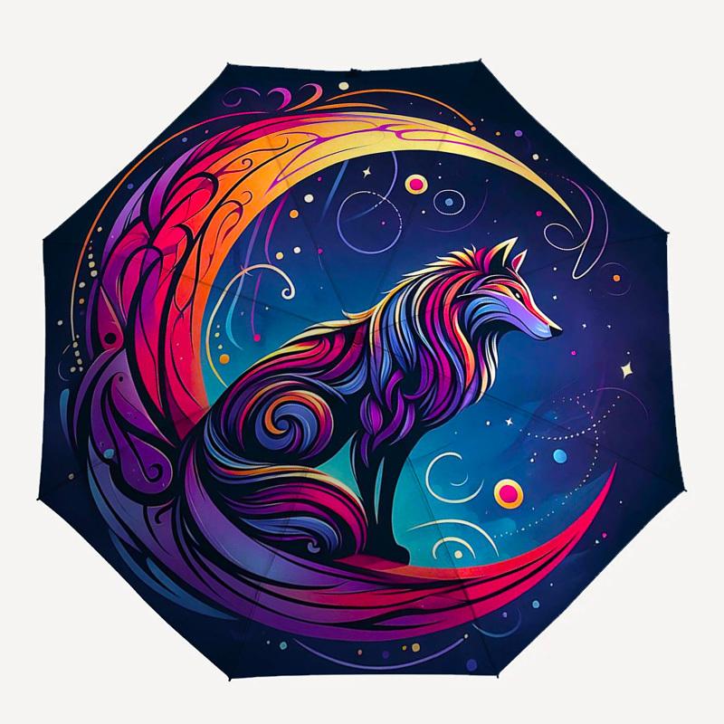 1pc Colorful Wolf Moon Auto Open Close Umbrella - Portable Tri-Fold Design with 8-Rib Iron Frame - Outdoor, Gift for Fans, Travelers, Daily Use.J038