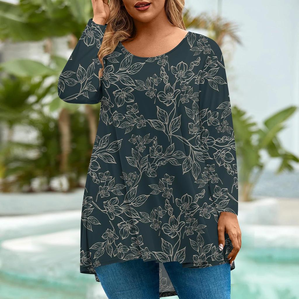 Women's Fashion Large Size Round Neck Long Sleeve Casual Print Loose Pullover Top