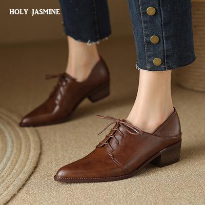 2024 Lente Herfst Dames Pumps Natuurlijk Leer 22-25cm Rundleer Bovenwerk Frans Vintage Vetersluiting Puntig Effen Kleur 2 Instapschoenen