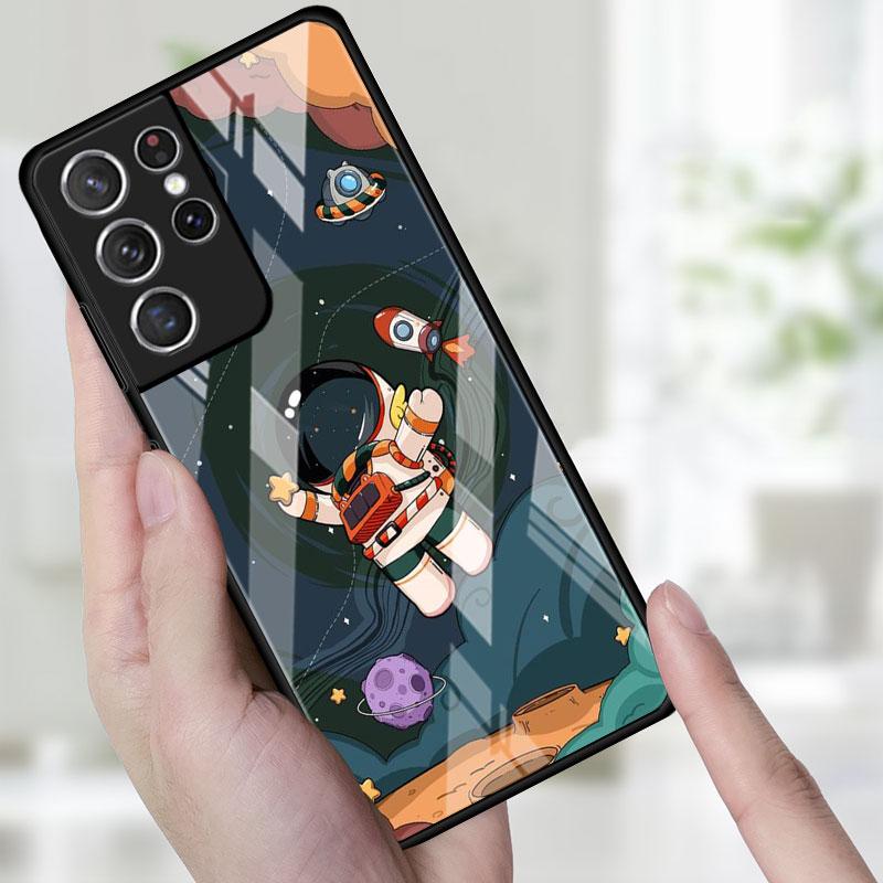 Handy Glas Hülle Für Samsung Galaxy S22 S21 S20 Ultra FE S9 S10 S8 Plus Note 20 10 Lite 9 8 Hülle Coque Süß im Weltraum Astronaut