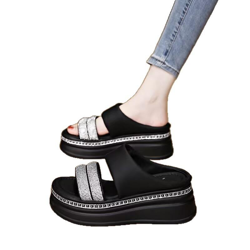 Beautiful Platform Slippers Women's Summer Wear New Versatile Fashion with Skirt Rhinestone Slope Heel One-word Sandals