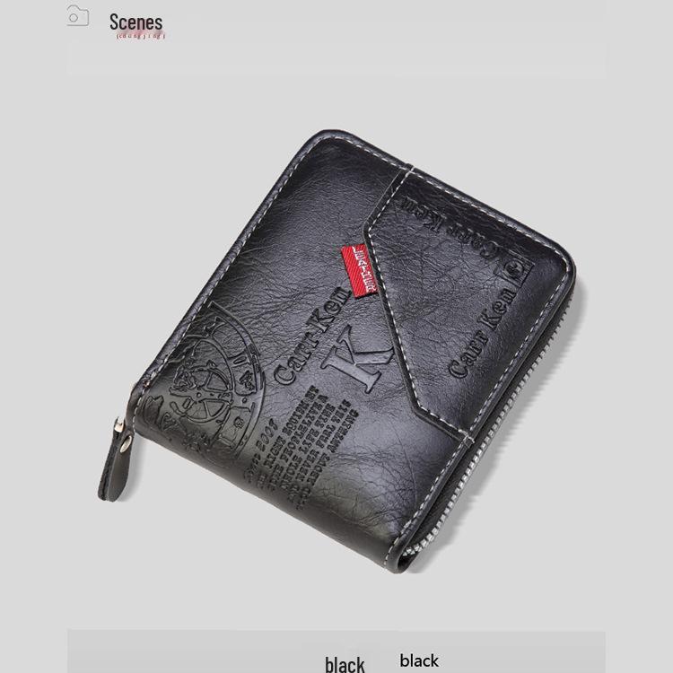 Korean Style Men's Retro Short Wallet - Patchwork Card Holder with Zippered Coin Purse and Driver's License Document Bag.