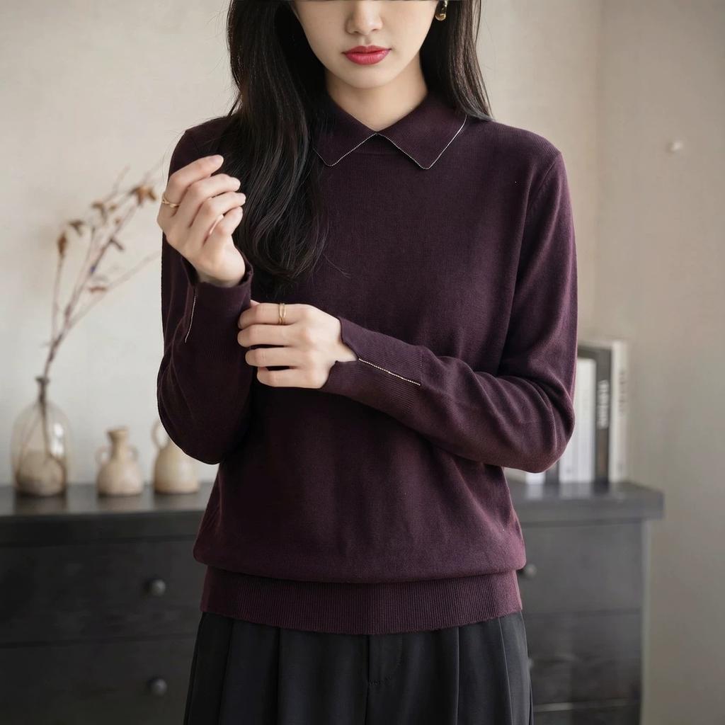 Long-sleeved Wool Knitted Sweater, Suitable for Spring and Autumn, Women's Pullover Outerwear with A Turned-up Collar