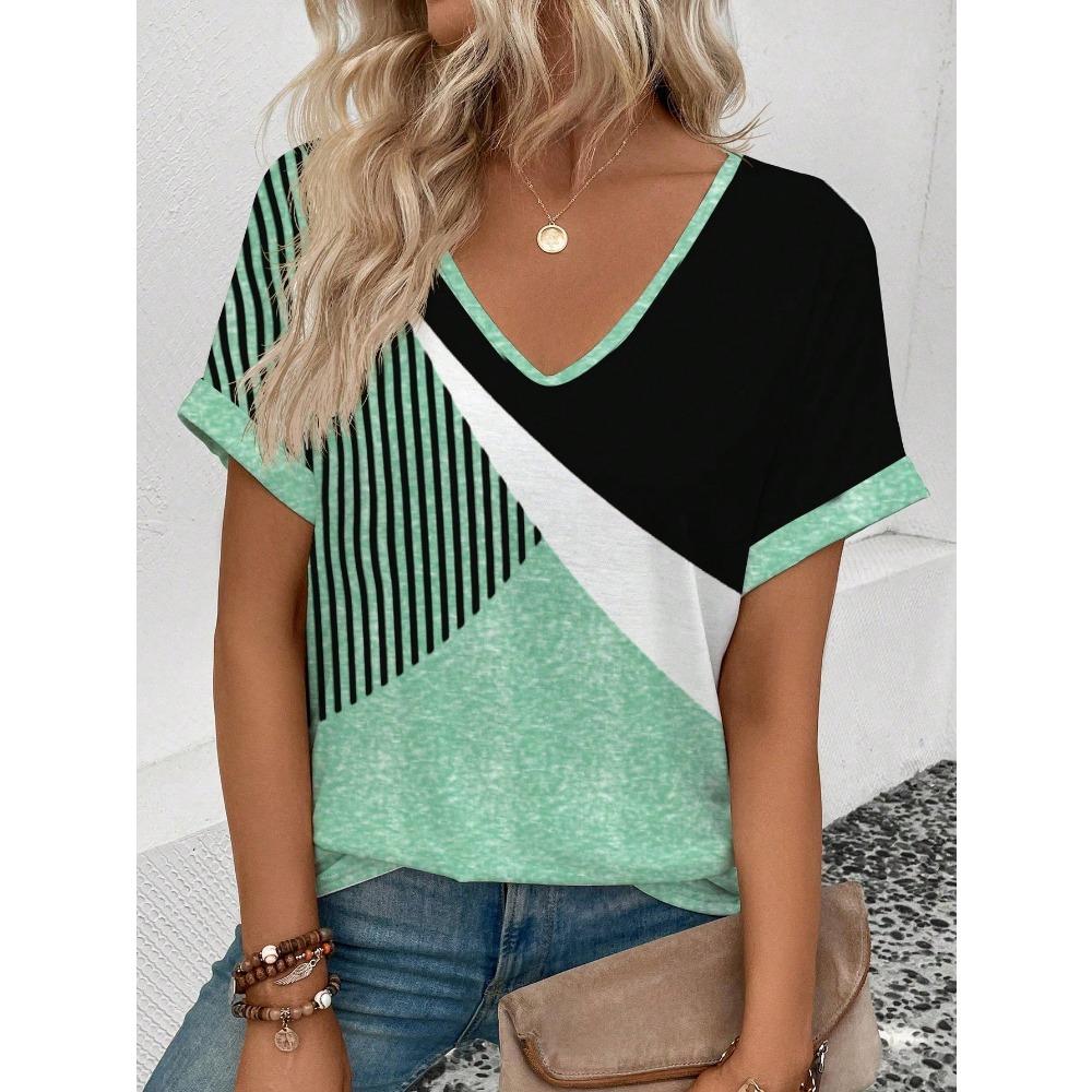 

Colorful striped flower 3D printed women s V-neck short sleeved shirt XS