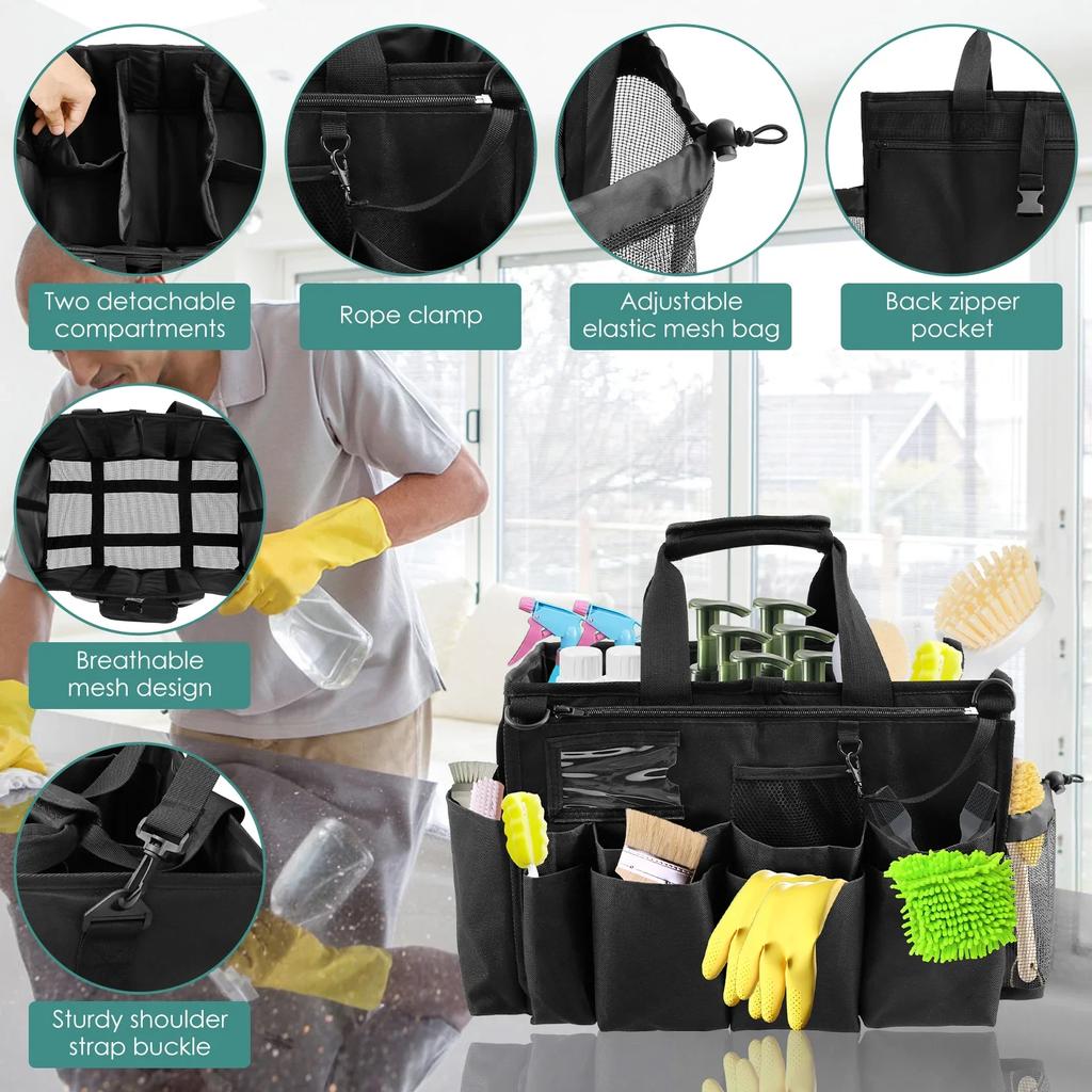 Borsa Caddy per Pulizie in Nylon Resistente agli Strappi Organizer per Attrezzi per la Pulizia con Tracolla Grande Capacità Borsa per Prodotti per la Pulizia