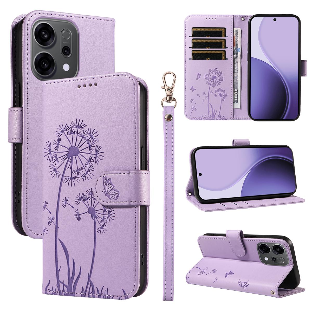 

For Oppo Reno14 5G (China)/Oppo Reno14 F 5G/Oppo Reno14 5G (Global) Leather Wallet Case with Strap Dandelion Imprint Phone Stand Cover Purple