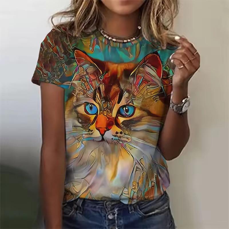 Summer Round Neck 3D Cat Pattern Print Top Fashionable Casual Short Sleeved Women's T-shirts