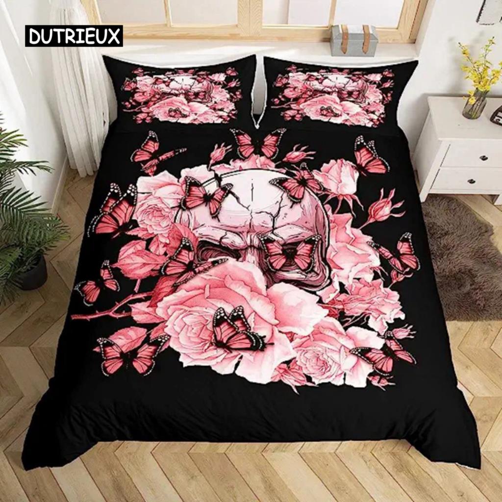 Sugar Skull Segas pārvalks Pusaudžu meitenes gultas veļas komplekts Sugar Skull Decor Gultas veļa Galvaskauss Skelets Rozes Ziedu apdrukas segas pārvalks Dekoratīvs