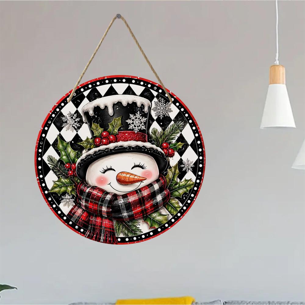 Snowman winter plaid patterned Round Wooden Hanging Plaque farmhouse wall art front door sign holiday Christmas home decor indoor outdoor ornaments