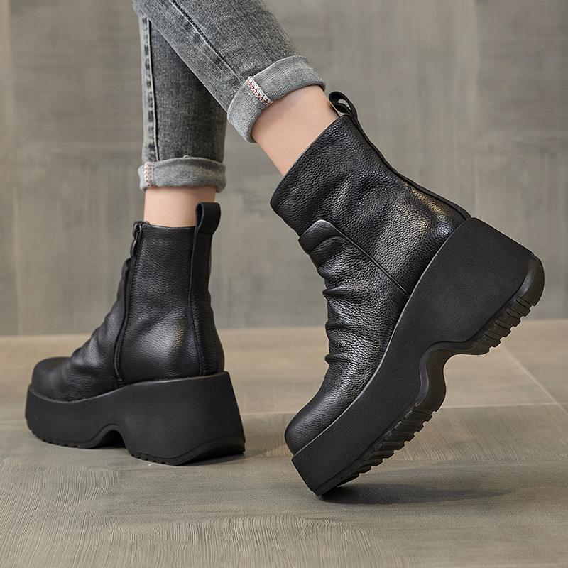 Mote GKTINOO Ekte Skinn Plattformstøvletter Vår Høst Håndlagde Tykksålede Korte Støvletter Høydeøkende Rund Tå Damesko