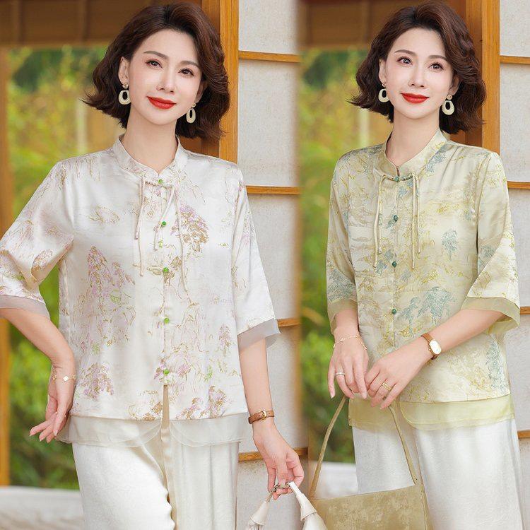 Mom's Trendy Chiffon Short-Sleeve Shirt for Middle-Aged Women - Summer 2026 Collection