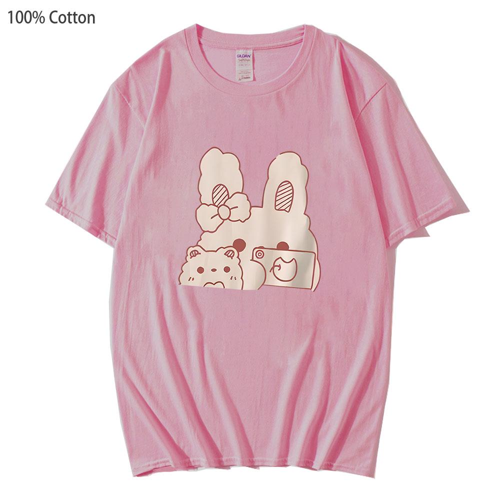 Rabbit T-Shirts Kawaii Cute Anime Tshirt Men Women Casual Harajuku 100%Cotton Summer Clothes White T Shirt Girls Top