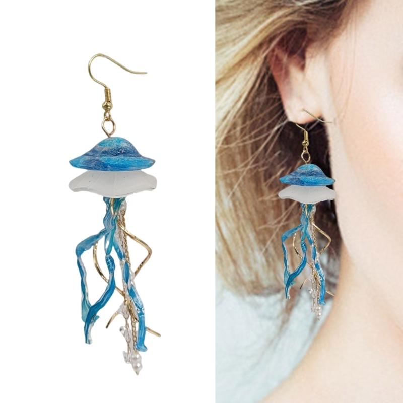 Handmade Elegant Blue Jellyfish Earrings Craft from Acrylic Materials for Casual Outings and Beach Vacations Daily Use