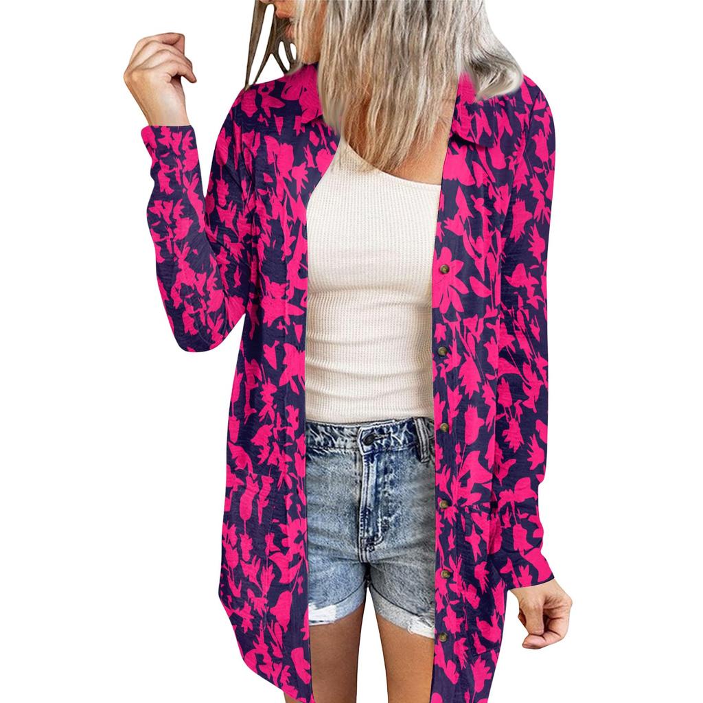 Women's Casual Fashion Floral Print Long Sleeve Mid-Length Cardigan Jacket