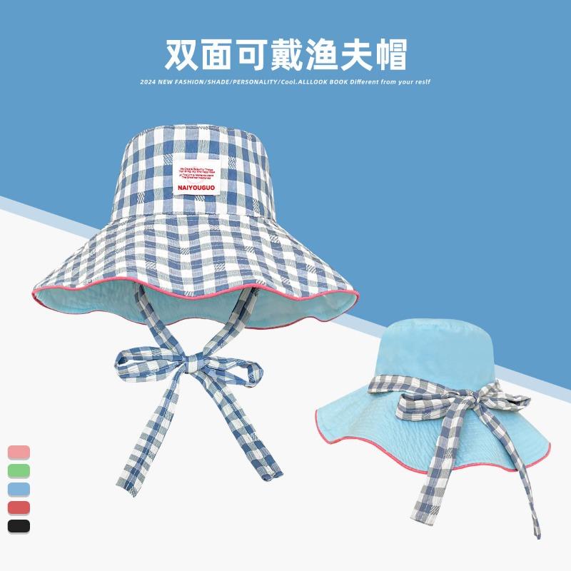 Plaid wide edge strap bucket hat women's summer big brim showing face small sun hat sun protection hat basin hat