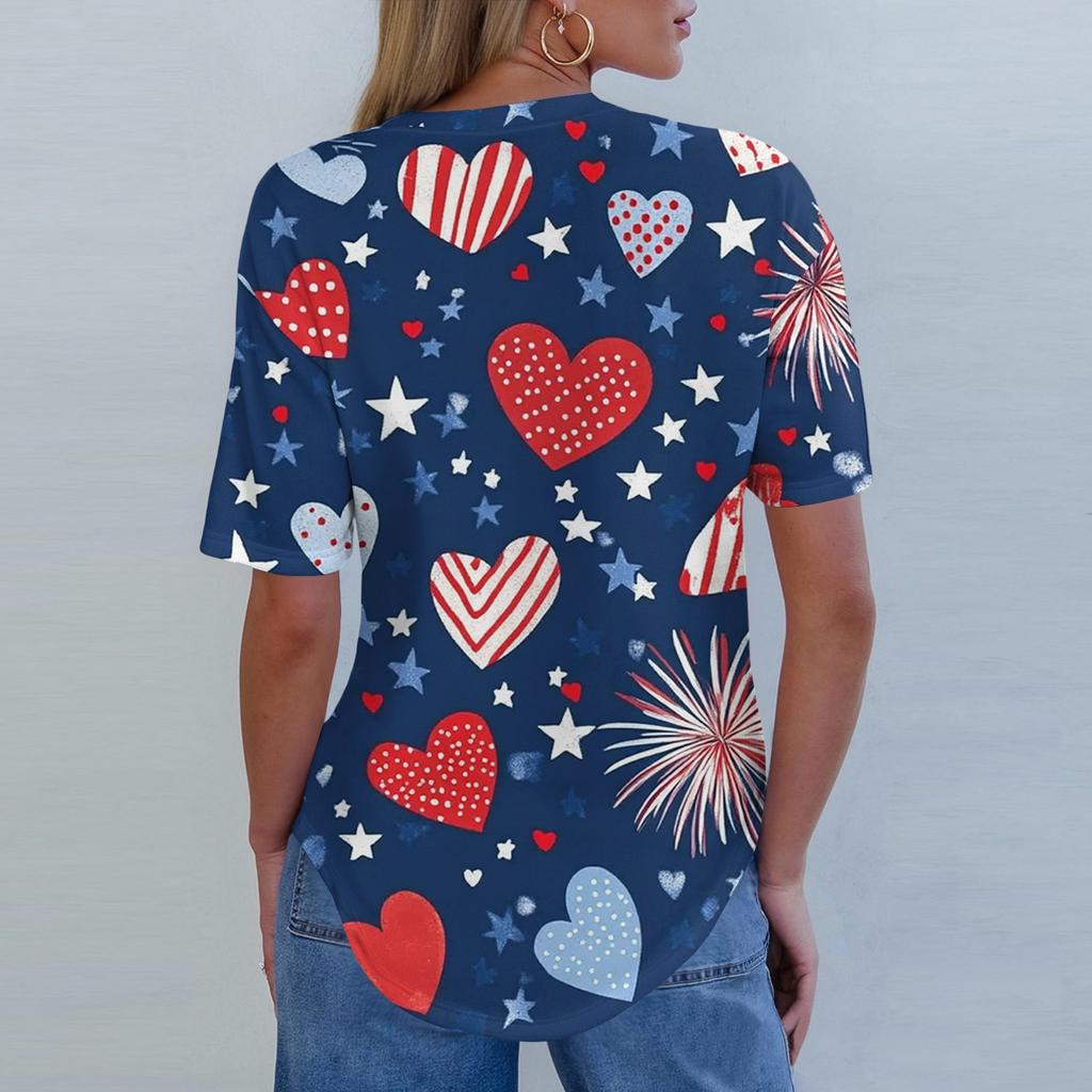 Short Sleeve Womens Tops Summer T-Shirts Print V Neck Casual Basic Tee Button Shirts Tunic Tops Independence Day