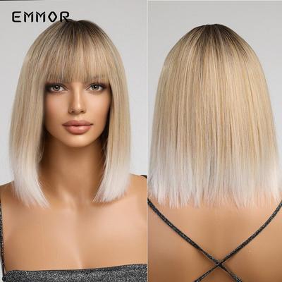 Syntetická ombre černá až světlá blond paruka s ofinou Bobo paruky do vlasů Cosplay paruky přirozené teplu odolné pro ženy paruka