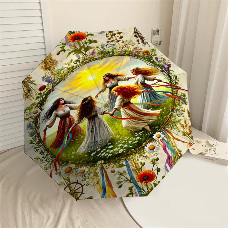 

1pc Woven Circle Flowers Automatic Open/Close Umbrella with Windproof, 8-Rib Sturdy Canopy, Durable Ribs, Fashionable Design1132A