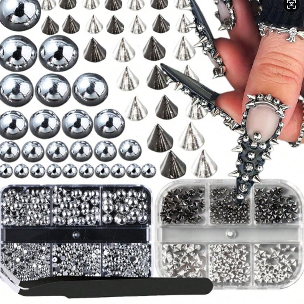 6 Grids Multi-Size Nail Art Studs Black And Silver Tone Cone Spike Nail Jewels  Punk Style Nail Art