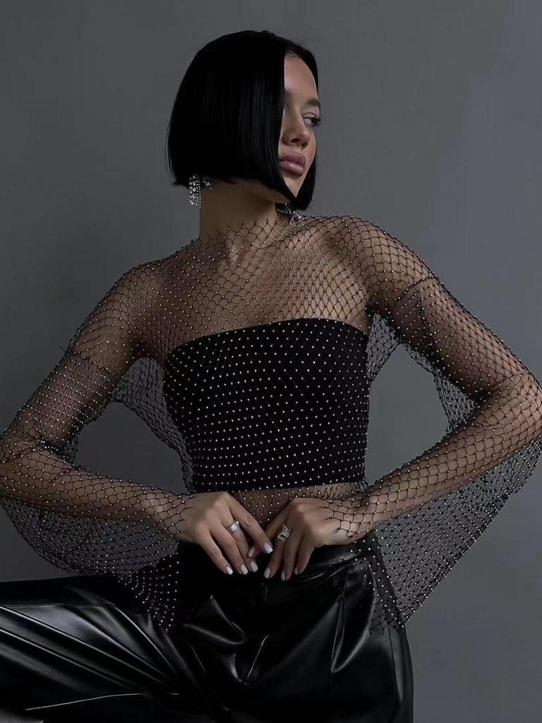 Europäisches & Amerikanisches High-End Mesh Strass Damen Langarmtop