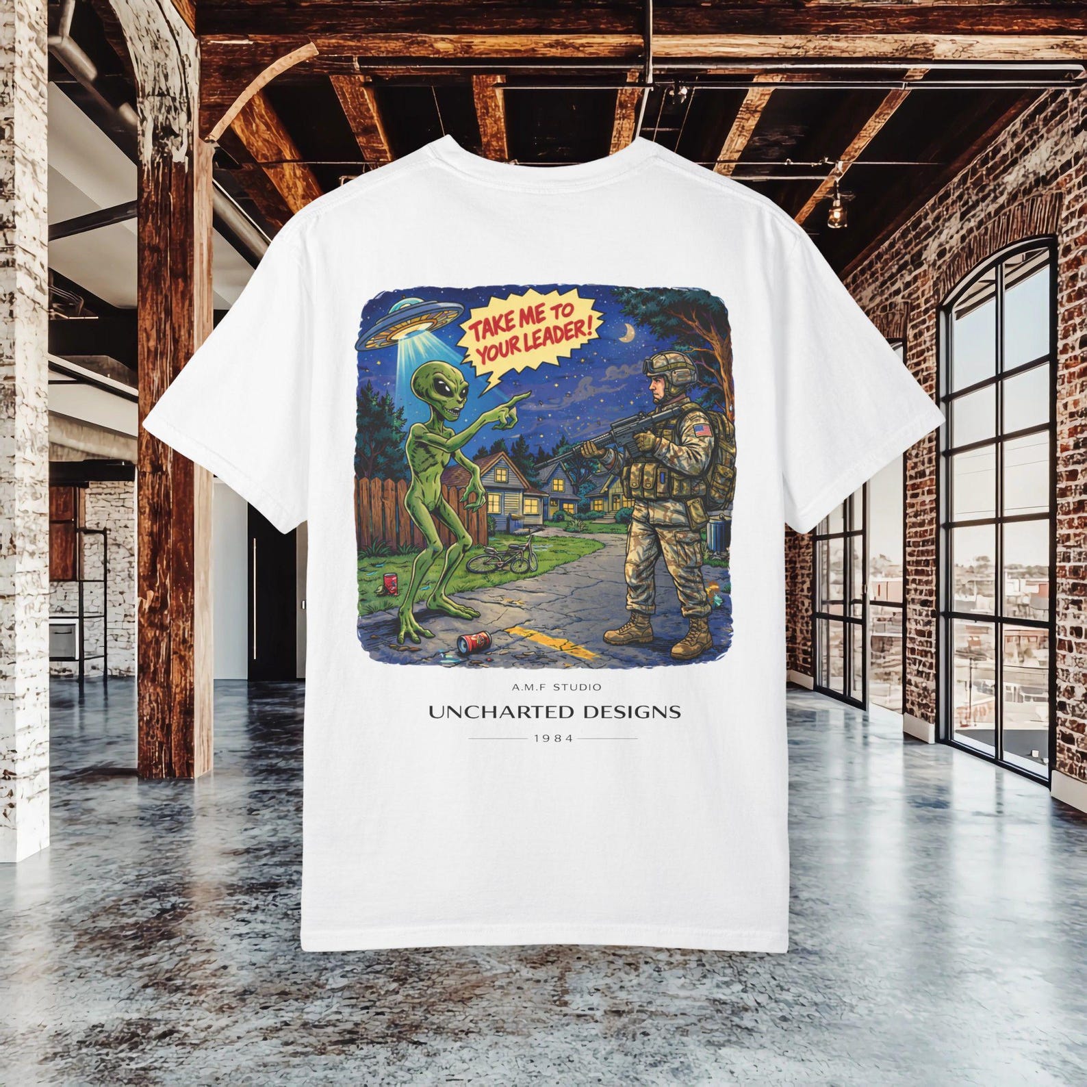 Funny Alien UFO Shirt Take Me To Your Leader, Sci Fi Military Humor Shirt, Alien Meme Graphic Tee, Funny Soldier Shirt, Nerd Geek Gift XL