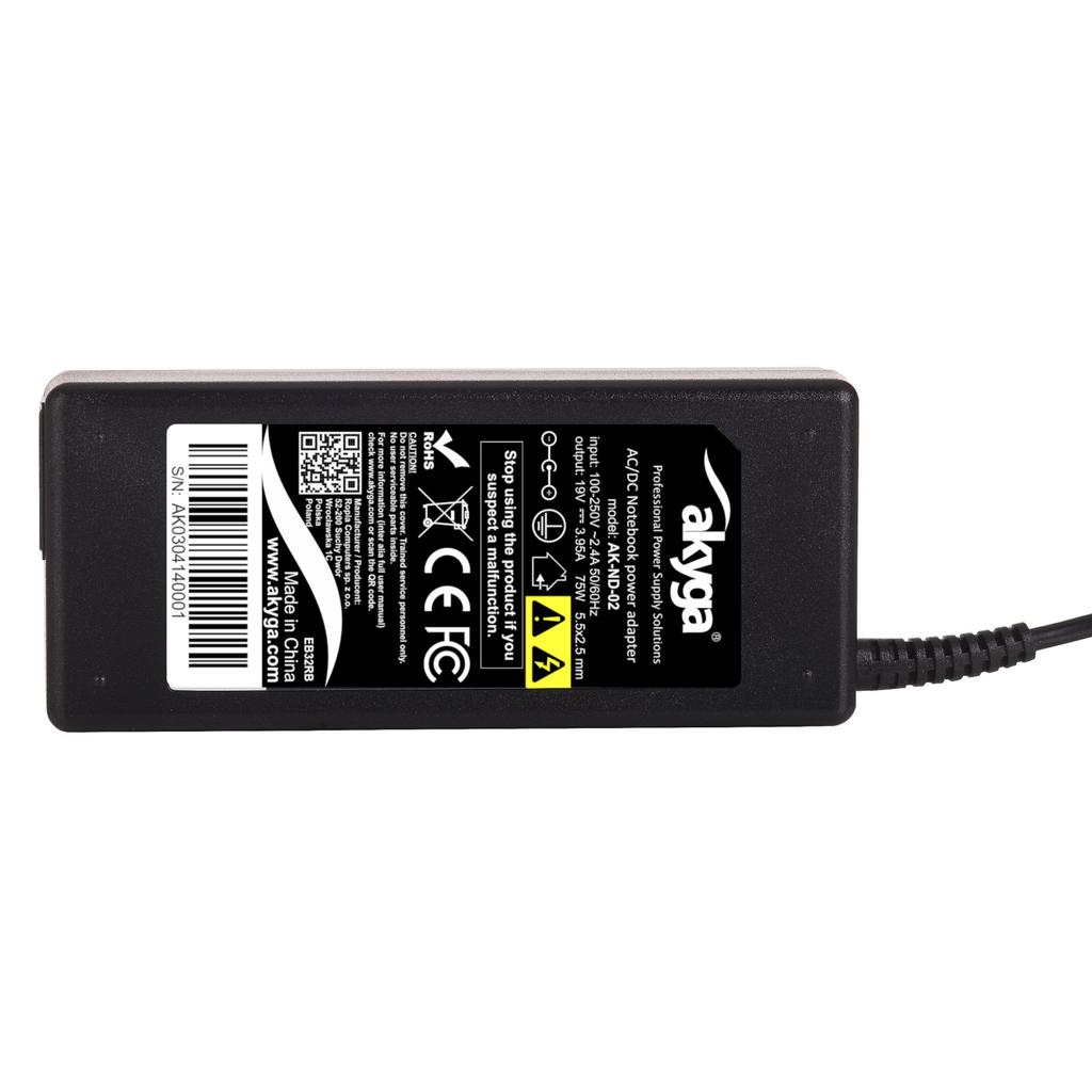 Akyga Ak-Nd-02 Power Adapter For Asus Hp Toshiba Laptop 19V 3.95A 75W 5.5 X 2.5