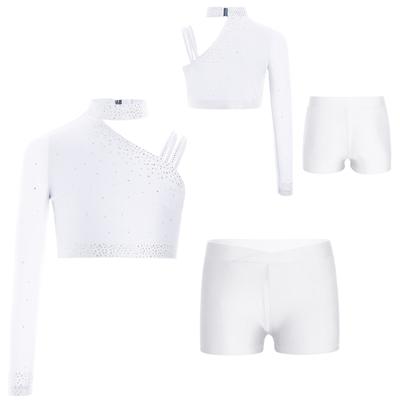Girls Sparkly Rhinestones Irregular Shoulder Crop Top V Front Waistband Shorts Stage Performance Costume Set