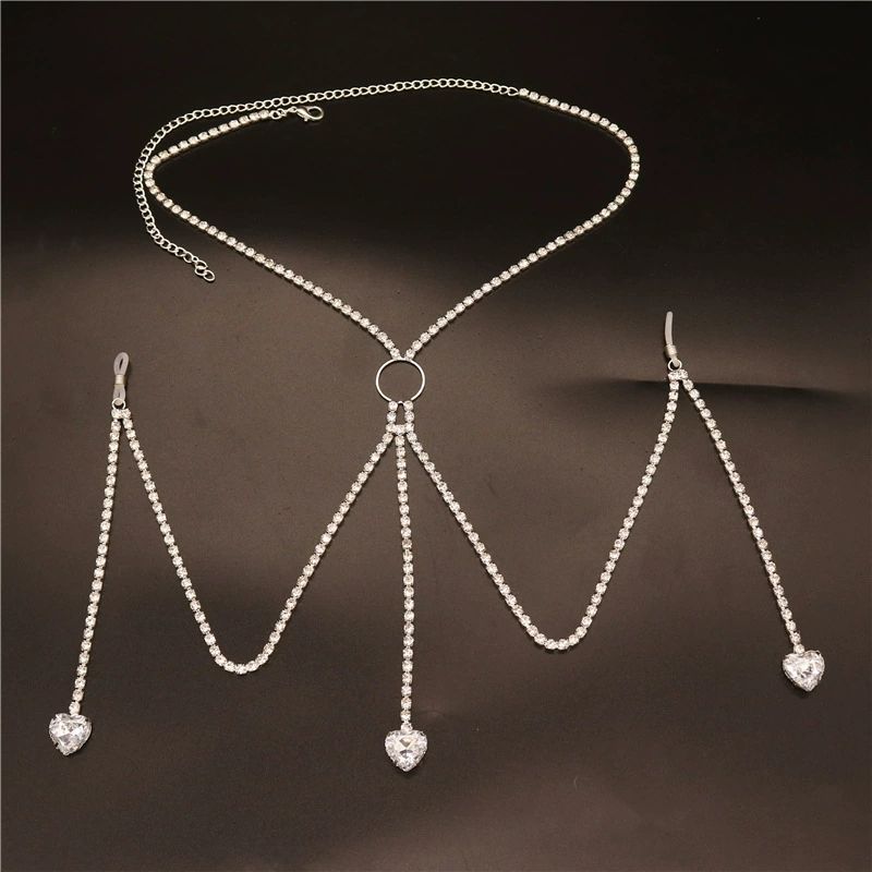 Hot Sex Fashionable Shiny M-shaped Rhinestone Heart Body Chain Jewelry Beach Party Sexy Women's Crystal Bra Chain Accessories