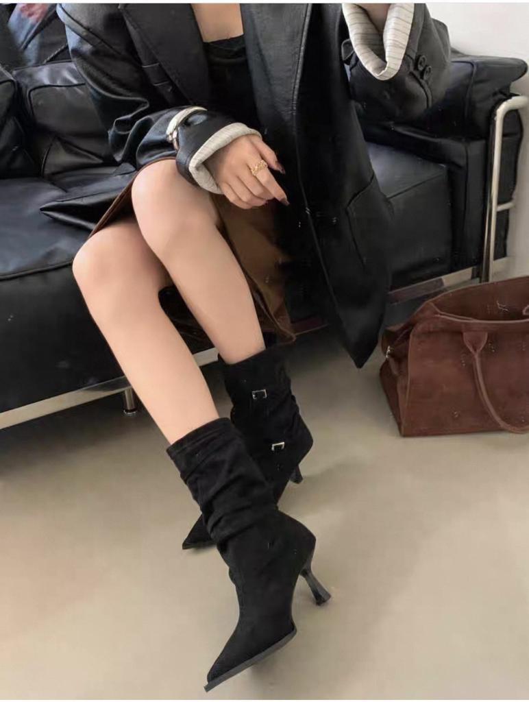 2025 autumn and winter new fashion versatile pointed heel suede French high heel thin short boots women's buckle belt